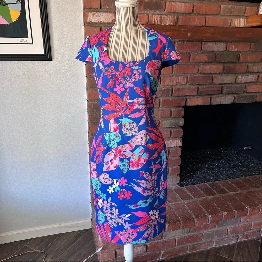 David Meister Cap-Sleeve Floral Ponte Sheath Dress In Blue Multicolor Sz 6